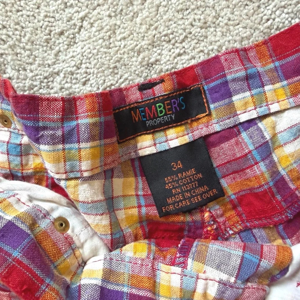 90's Members Property Plaid Shorts Sz 34 Multi Color Ramie Cotton Blend 90s